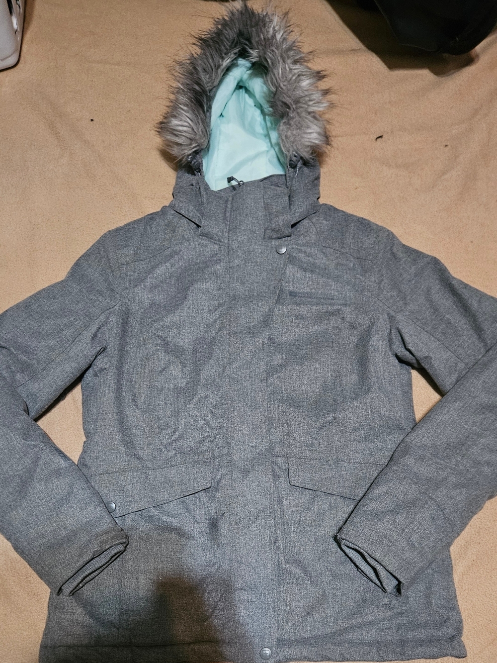 Women's Gray Insulated Ski Jacket with Faux Fur Hood
